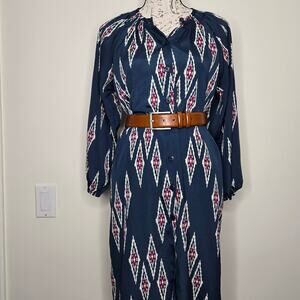 TUCKER Navy and Red Geometric Aztec Pattern Dress Long Sleeve Button Front Sz S